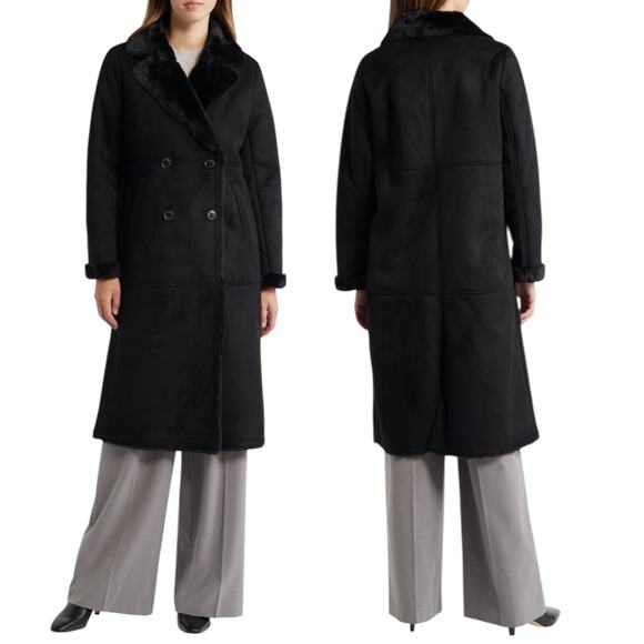 Lauren Ralph Lauren Double Breasted Faux Shearling Coat Black Size XL - Picture 1 of 12